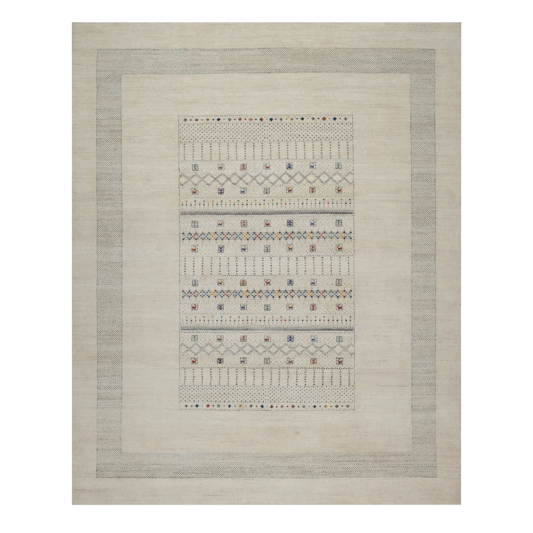Whisper White, Modern, Lori Buft Gabbeh with Small Animal Figurines, Soft Wool, Hand Knotted, Thick and Plush, Oriental Rug
